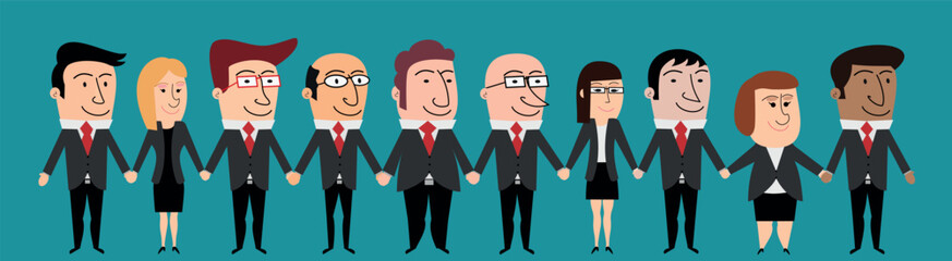 Team of smiling cartoon characters businessmen and businesswomen hand in hand vector isolated