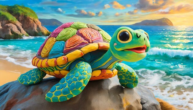 Una simp&aacute;tica y alegre tortuga hecha de plastilina colorida con tema infantil