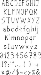 alphabet letters font set handwritten style, regular uppercase, lowercase and numbers. vector illustration
