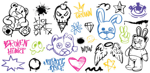 Spray paint graffiti element set of bear, rabbit, heart, skull, angel wings, eye, stars, tic tac toe and cool gesture. Grunge ink graphic symbols and color street art tags isolated on white background © redgreystock