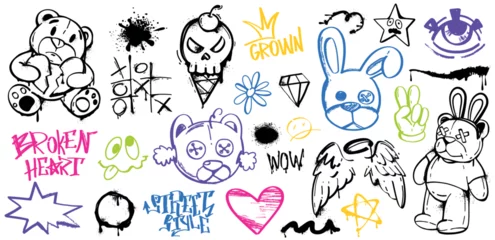 Fototapeten Graffiti Spray paint graffiti element set of bear, rabbit, heart, skull, angel wings, eye, stars, tic tac toe and cool gesture. Grunge ink graphic symbols and color street art tags isolated on white background  © redgreystock