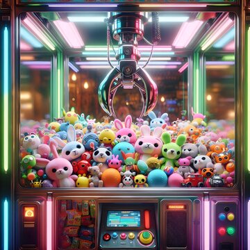 Arcade claw machine filled with a wide variety of plush toys