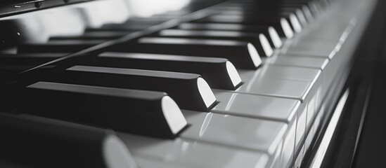 A monochromatic image showcasing the elegant design of a piano keyboard, a classic musical...
