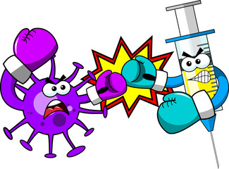 Virus and syringe cartoon characters or mascots combating or fighting like boxers with gloves isolated vector illustration. Concept