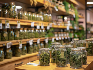 The cannabis store.marijuana on the store counter. marijuana legalization. CBD 