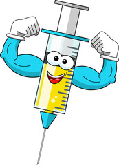 Smiling cartoon character mascot medical syringe vaccine showing biceps strength vector illustration isolated