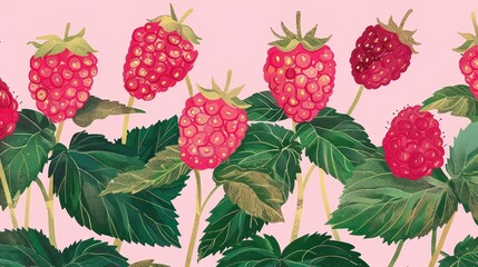 a painting of a bunch of raspberries on a pink background with green leaves and a pink back ground.