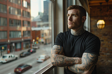 Contemplative Tattooed Man by the Window. A pensive man with intricate arm tattoos gazes out a window, lost in thought against an urban backdrop. - obrazy, fototapety, plakaty