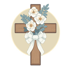 A beautiful wooden cross is decorated with flowers and a bow.  Vector illustration.