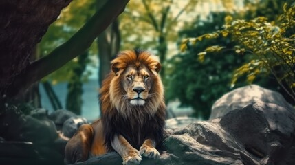 lion resting on a rock in the jungle background