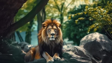 Gordijnen lion resting on a rock in the jungle background © kucret