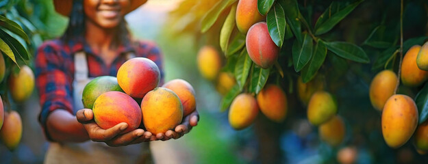 Hands hold a bounty of ripe mangoes. The abundance and freshness of the fruit signify healthy,...