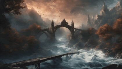 Spooky Halloween Scene, Fantasy Castle Bridge In A Heavy Storm & Flood With Cloudy Sky