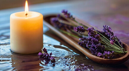 Obraz na płótnie Canvas lit candle and lavender in spa