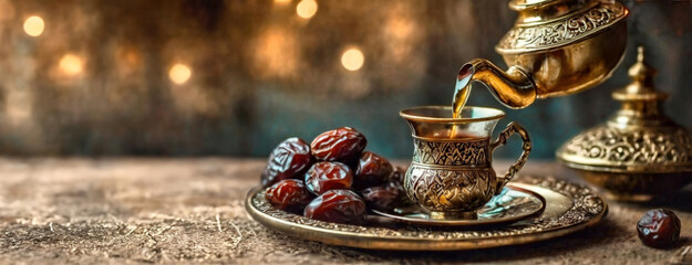 Traditional tea pouring with dates on a vintage tray. Rich cultural elements evoke a sense of...