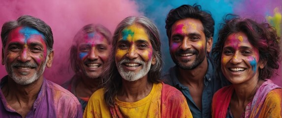 A group of happy people of different ages and different races celebrating Holi.