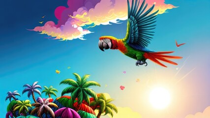 A majestic large colored parrot soars gracefully in the bright sky above lush palm trees. Freedom and tropical beauty represent travel, wildlife conservation, a sense of awe and tranquility.