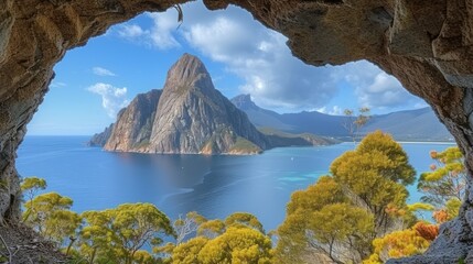 Obraz premium a view of a mountain and a body of water through a hole in a rock with a view of a mountain and a body of water in the distance.