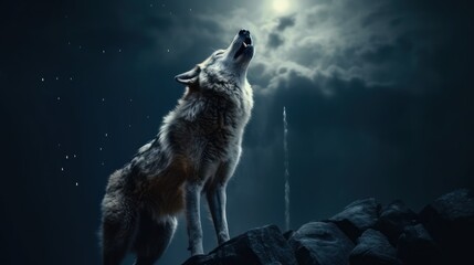 wolf howl on a rock at night in forest background - obrazy, fototapety, plakaty