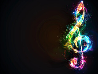 Vertical illustration of a glowing music G clef with colorful colors on black background 