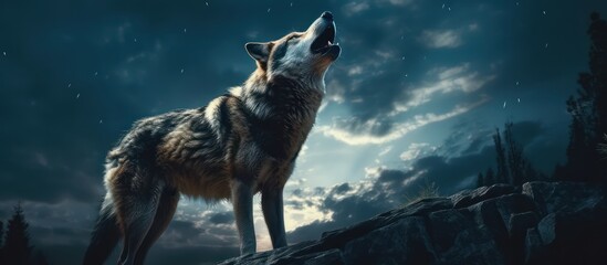 wolf howl on a rock at night in forest background