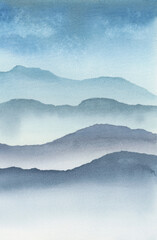 Ink watercolor hand drawn smoke flow stain blot wave landscape on wet paper texture background. Blue color.