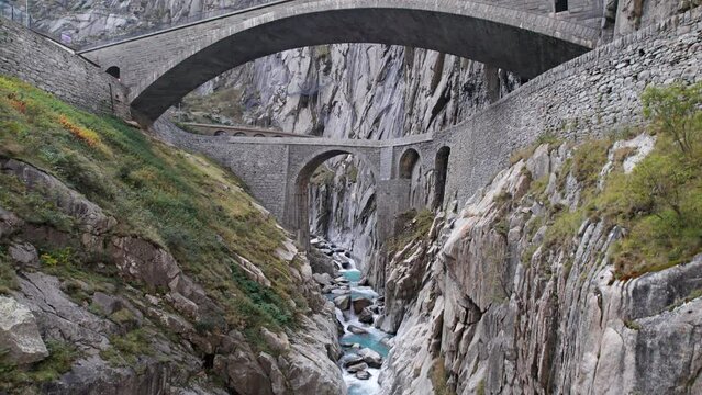 Aerial view of Devil's Bridge (Teufelsbrucke) over of Schollenen Gorge (Schollenenschlucht) in Andermatt, Switzerland