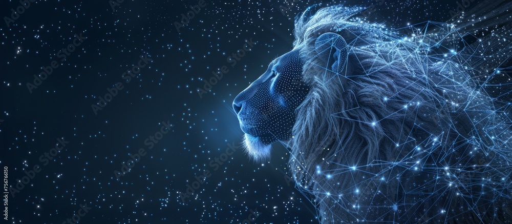 Sticker a wireframe hologram of the zodiac sign leo against an abstract starry sky background generative ai
