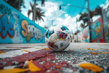 Cinematic Product photography of a soccer ball lying next a grafitti wall