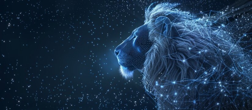 A wireframe hologram of the zodiac sign Leo against an abstract starry sky background Generative AI