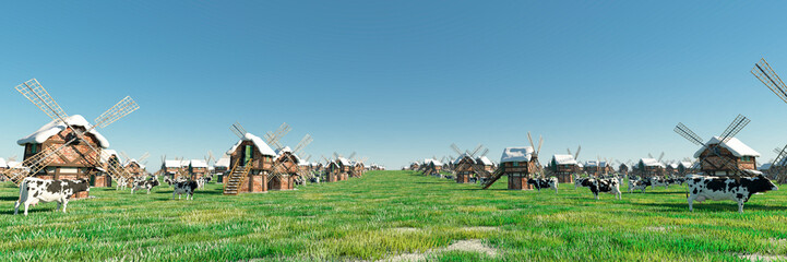 Fototapeta na wymiar Idyllic Pastoral Scene with Numerous Windmills and Grazing Cows in Green Fields