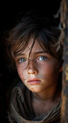10 years old, little palestinian child, poverty, and hunger. dramatic, cinematic - generative ai