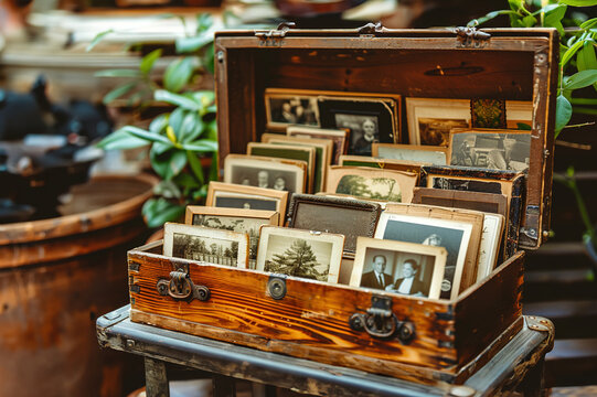 A cozy attic filled with dusty boxes of heirlooms. A person sifts through old photographs and trinkets, reconnecting with family history.