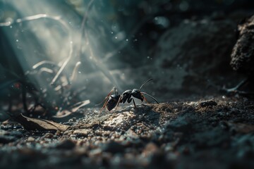 macro of a ant in an underground tunnel 
