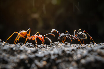 a red ant and black ant from two different colonies meet 