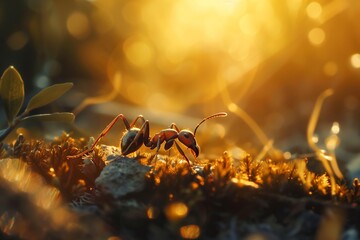 macro of a lone warrior ant on the forest floor
