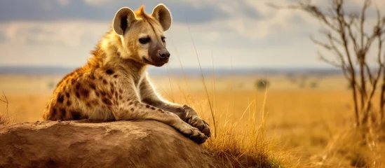 Keuken spatwand met foto a view hyena rest in savanna background © kucret