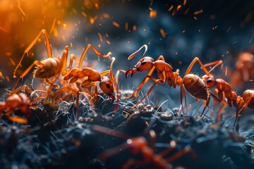 an epic battle between two ant colonies  - obrazy, fototapety, plakaty