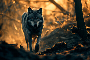 a lone wolf in the woods at sunset
