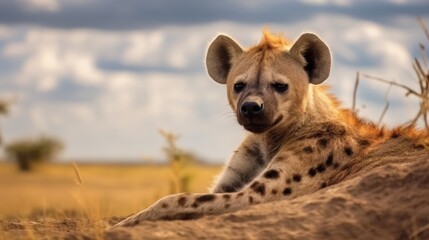 Obraz premium a view hyena rest in savanna background