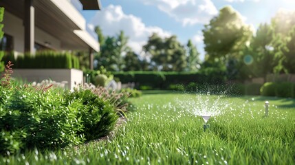 Automatic lawn sprinkler watering green grass. Sprinkler with automatic system. Garden irrigation system watering lawn. Water saving or water conservation from sprinkler system. Generative AI. - obrazy, fototapety, plakaty