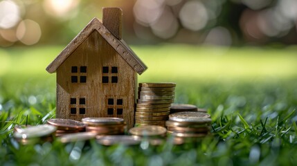 Small house model standing with coins piles on grass. Blurred backdrop. Concept of house ownership, rent, costs of living, high mortgage, high interests. Change of bargain, purchase.