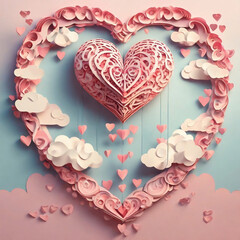Valentine's day background with paper heart and clouds. 3d rendering