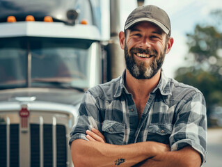 Zoung male truck driver standing in front of his truck, arms crossed, smiling at the camera, bearded man, wearing a hat  - obrazy, fototapety, plakaty