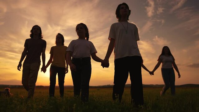 community big family in the park. large group of lifestyle people holding hands walking silhouette nature in the park. big family childhood dream concept. sunset people in the park. big family