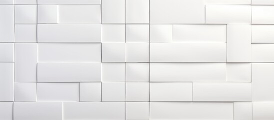 A detailed view of a white rectangular tile wall with a geometric pattern in shades of grey. The parallel lines create a sense of symmetry in the design