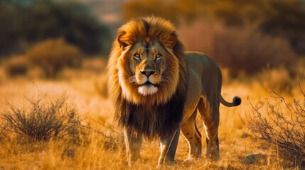 lion standing to hunting in savanna background