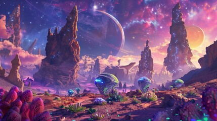 Futurystyczny krajobraz obcej planety  z planetami i gwiazdami na niebie