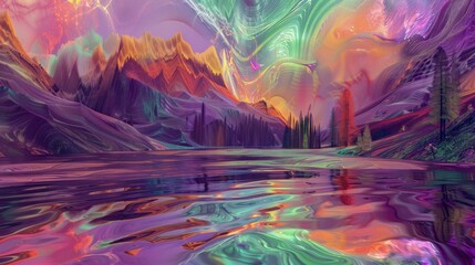 Krajobraz jeziora z górami w tle jako kolorowy marmur - obrazy, fototapety, plakaty