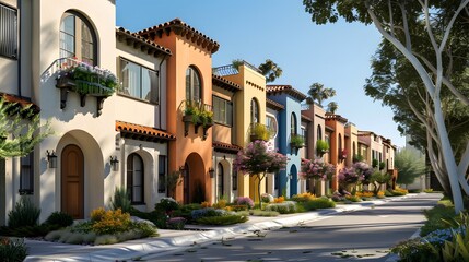 Fototapeta na wymiar Colorful stucco finish traditional private townhouses. Residential architecture exterior. 